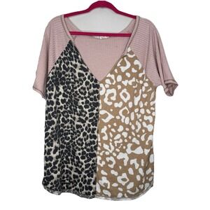 Bidi Pointelle Knit Top Animal Print‎ Large Color Block Soft Short Sleeve Pink